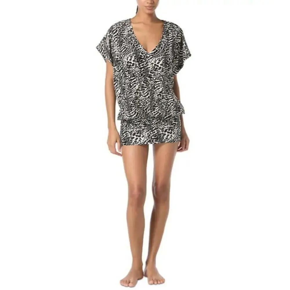 Michael Kors Women's Printed V-Neck Black/White Cover-Up Dress L